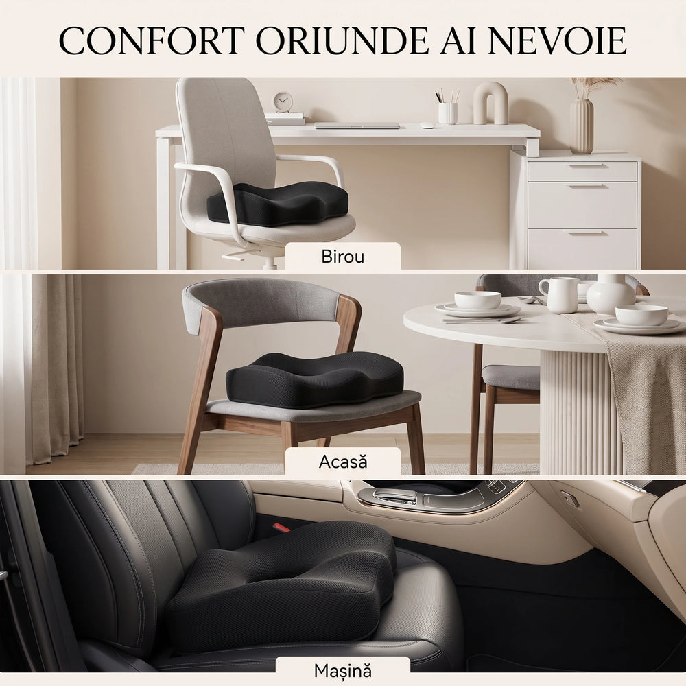 Perna ortopedica sezut memory foam cu gel si orificii de ventilatie, fermitate extra, Negru