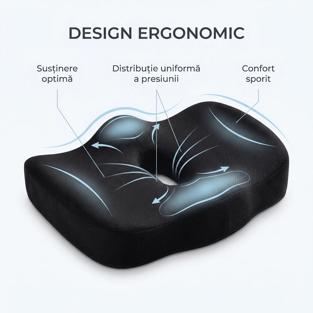 Perna ortopedica sezut memory foam cu gel si orificii de ventilatie, fermitate extra, Negru