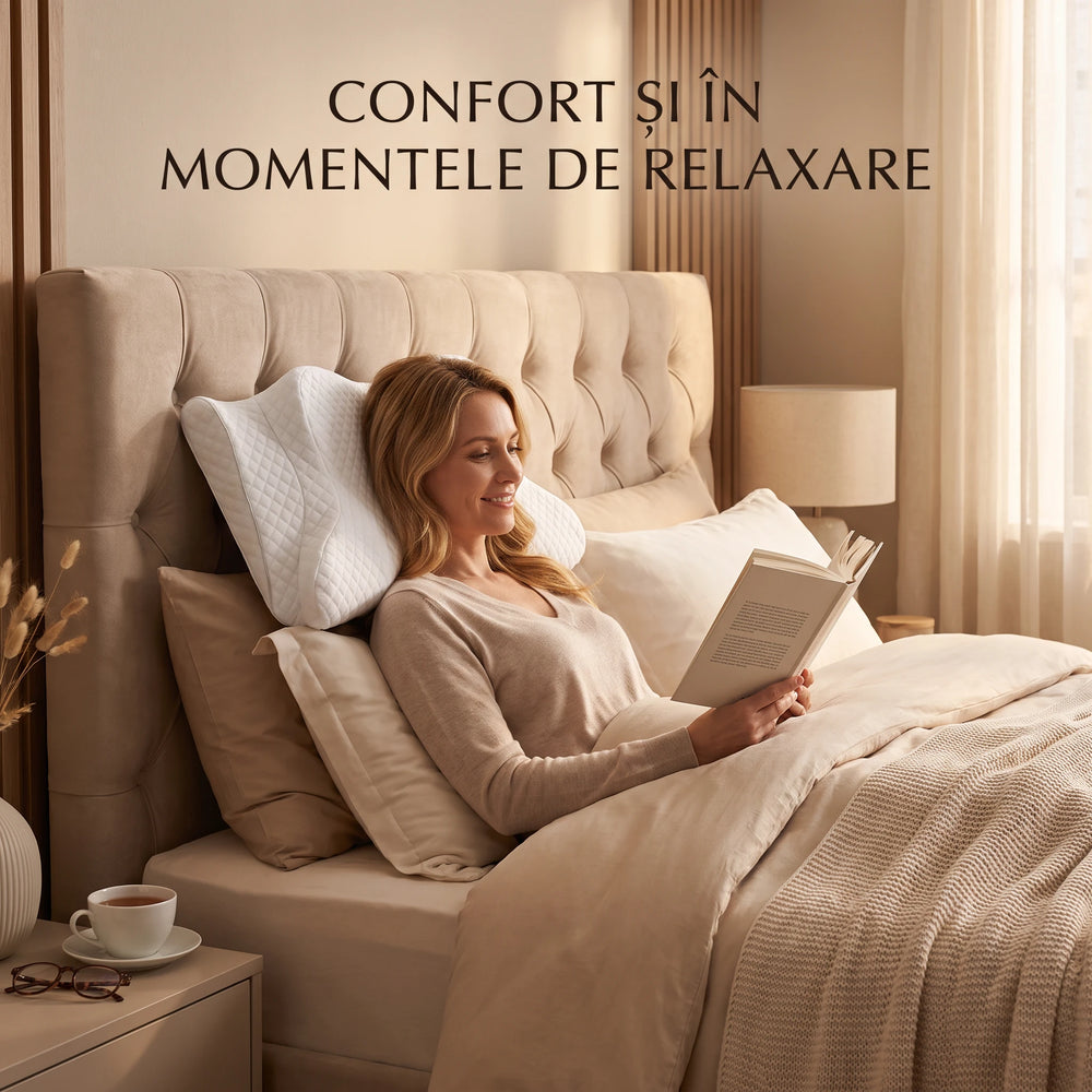 Perna cervicala ortopedica CERVI-SAN Memory Plus, doua inaltimi si suport brate, husa Tencel