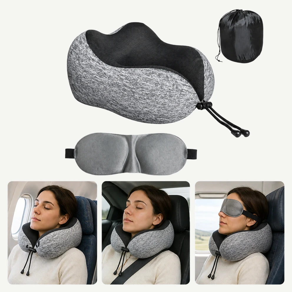 Pernă de călătorie cervicală 3D din memory foam, neagră cu gri