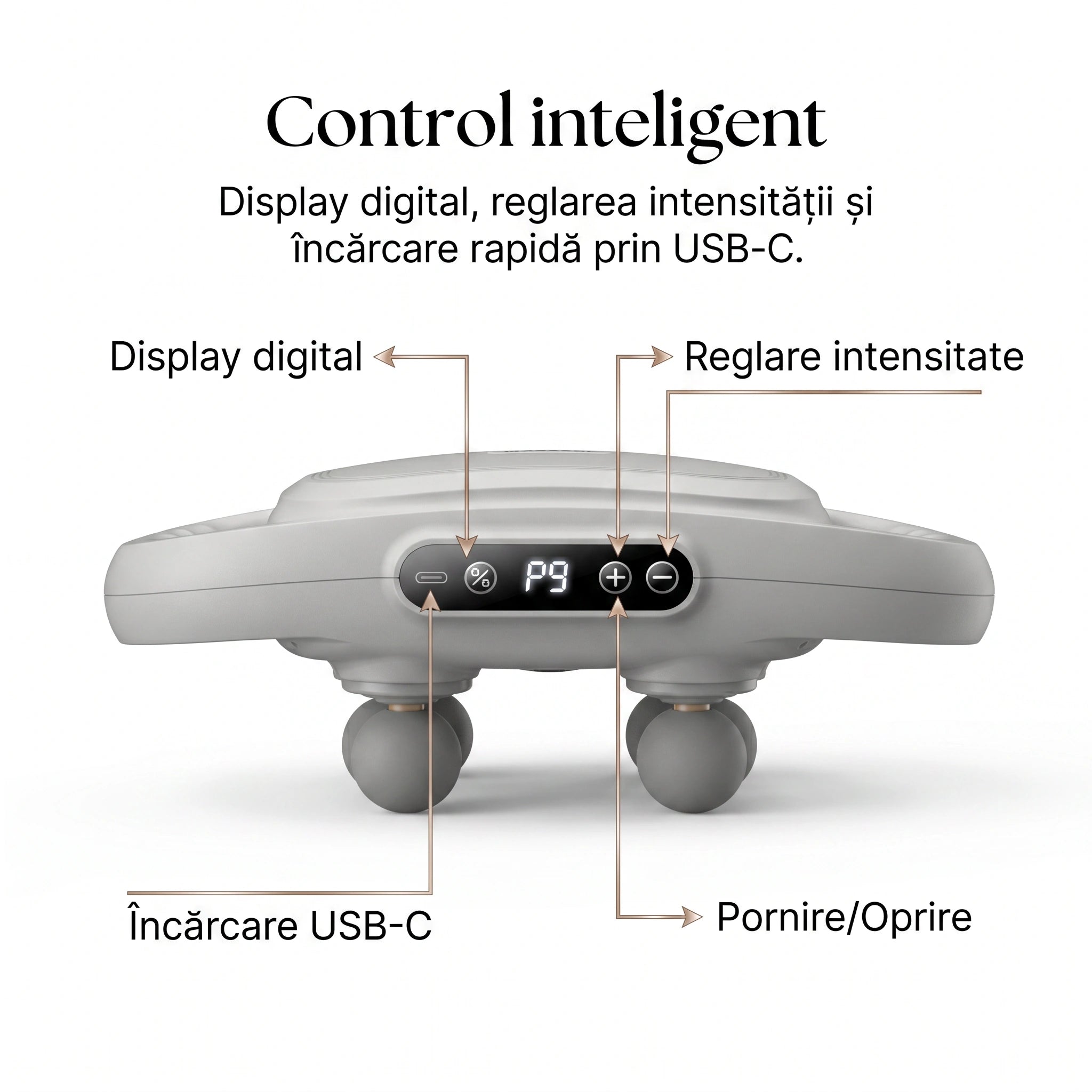 Pistol masaj corporal 6 capete, infrarosu si incalzire, USB-C, Alb – imaginea 5