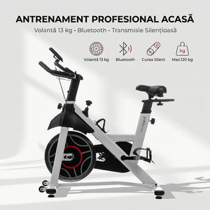 Bicicleta spinning SAN301 albă cu conexiune Bluetooth