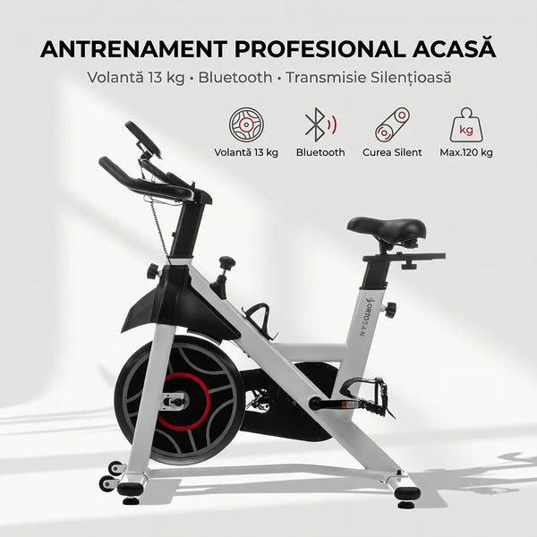 Bicicleta spinning SAN301 albă cu conexiune Bluetooth