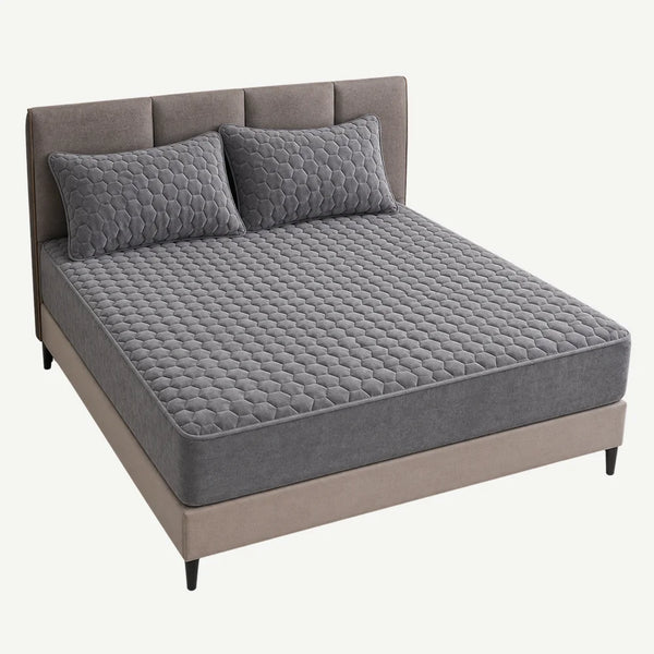 Set de lenjerie de pat plușată gri, cu husă cu elastic