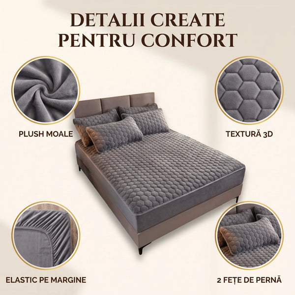 Set lenjerie de pat plușată cu husă cu elastic, imaginea 5