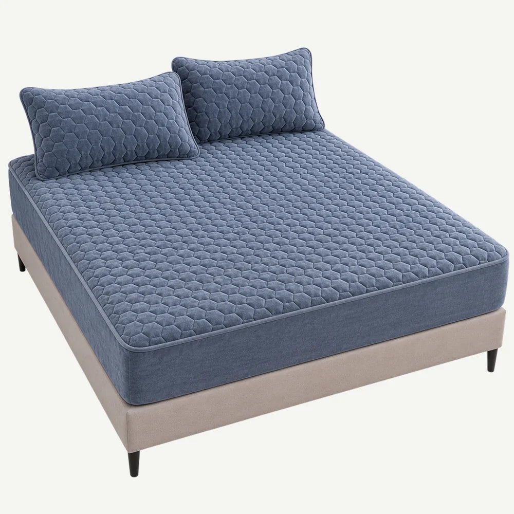 Set husă de pat plușată bleumarin, cu elastic
