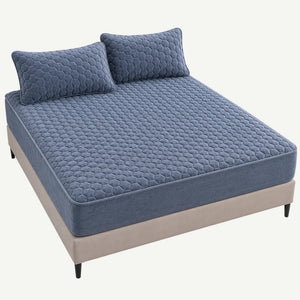 Set husă de pat plușată bleumarin, cu elastic
