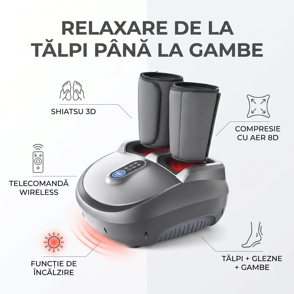 Aparat masaj picioare si gambe Shiatsu 3D cu compresie aer 8D si incalzire, Gri