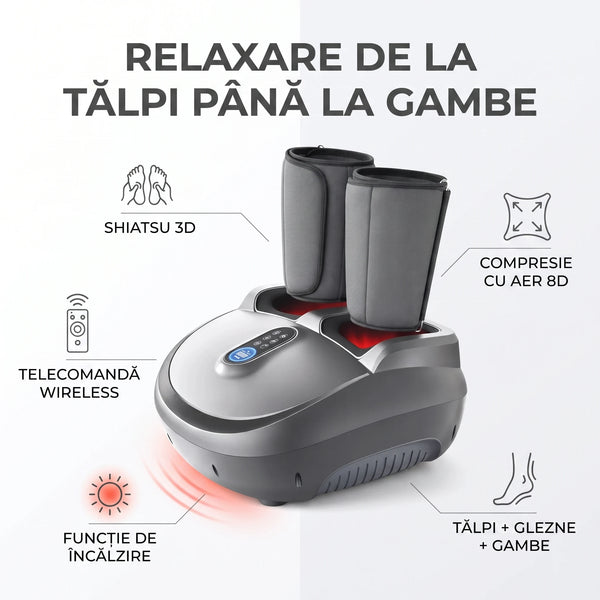 Aparat masaj picioare si gambe Shiatsu 3D cu compresie aer 8D si incalzire, Gri