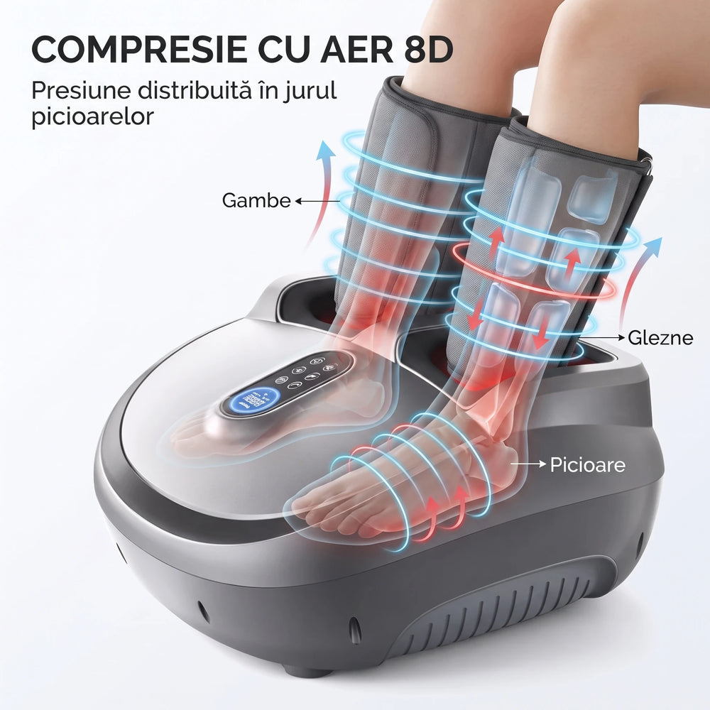 Aparat masaj picioare si gambe Shiatsu 3D cu compresie aer 8D si incalzire, Gri
