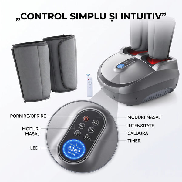 Aparat masaj picioare si gambe Shiatsu 3D cu compresie aer 8D si incalzire, Gri