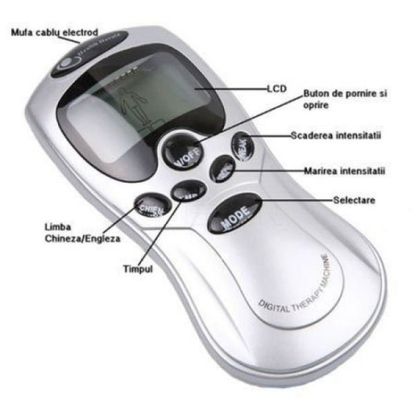 Electrostimulator muscular – aparat masaj si fizioterapie prin electrostimulare cu 4 electrozi, 8 programe, Gri – imaginea 6