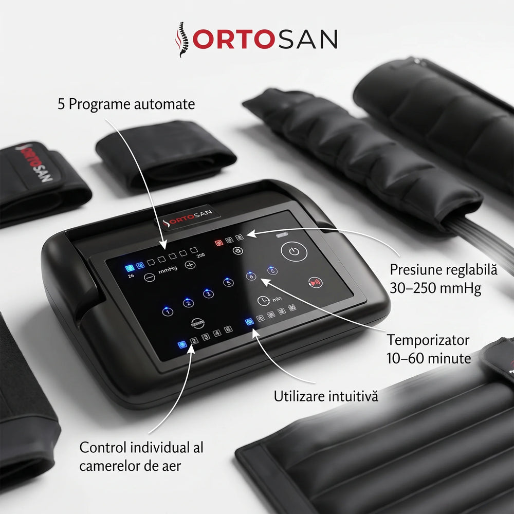 Aparat presoterapie picioare si talpi cu compresie aer, tip cizme, 5 moduri, 30-260 mmHg, Negru