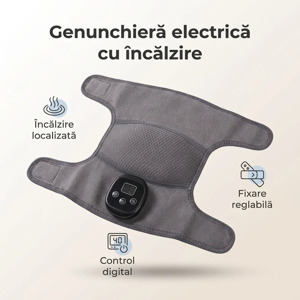 Aparat masaj genunchi cu incalzire si vibratii, manseta ajustabila cu afisaj digital, Gri