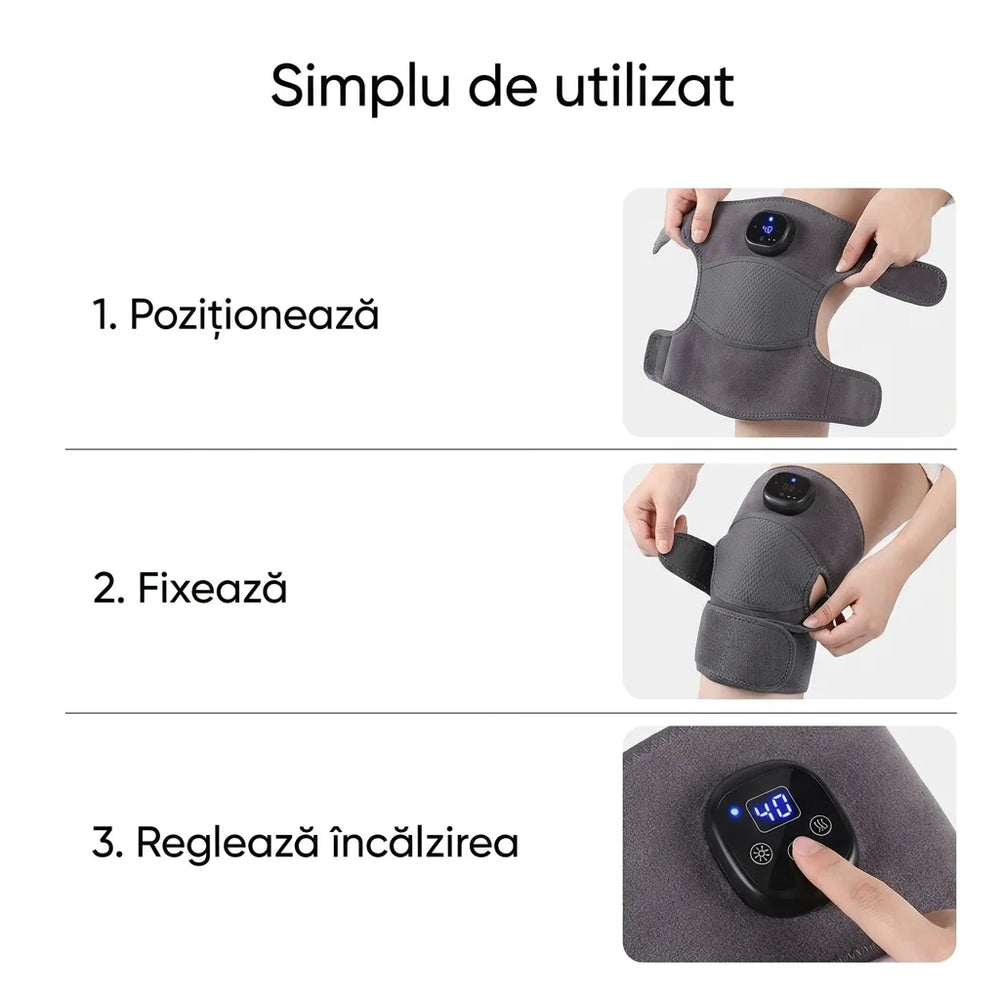 Aparat masaj genunchi cu incalzire si vibratii, manseta ajustabila cu afisaj digital, Gri