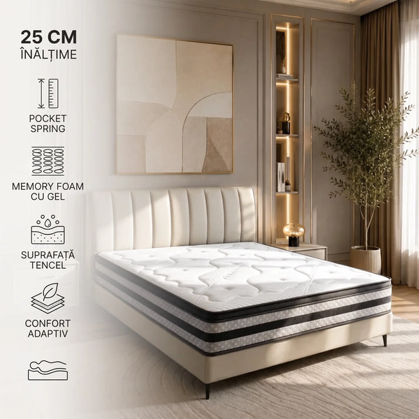 Saltea ortopedica hibrida premium cu arcuri individuale, memory foam cu gel si husa Tencel, 25 cm