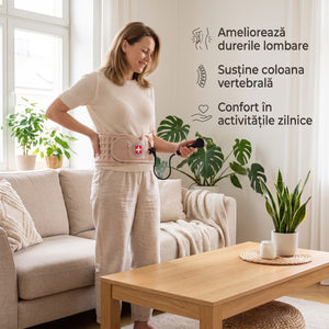 Femeie acasă purtând centura lombară bej și ținând pompa