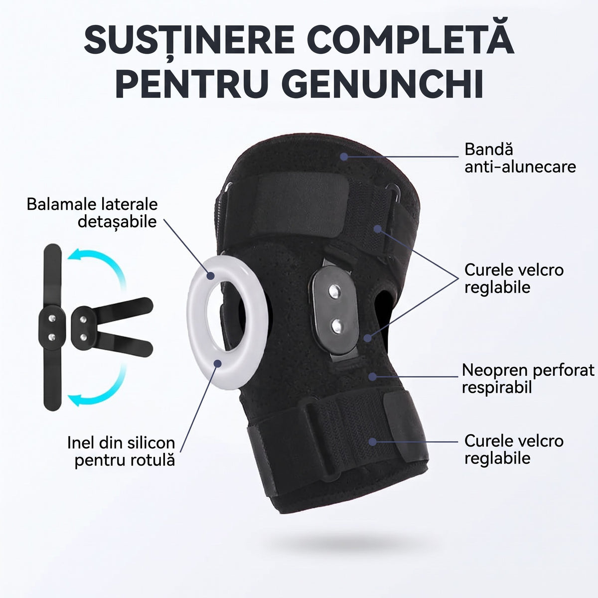Componentele ortezei de genunchi: balamale, inel silicon, curele velcro