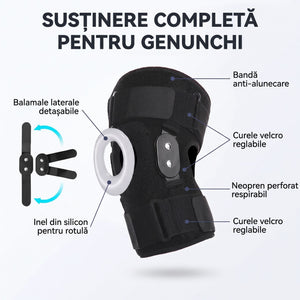 Componentele ortezei de genunchi: balamale, inel silicon, curele velcro