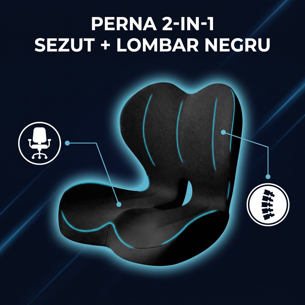 Pernă 2 în 1 șezut și lombar negru, zone de sprijin