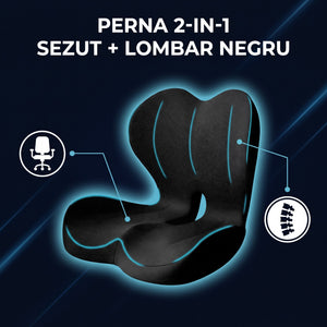 Pernă 2 în 1 șezut și lombar negru, zone de sprijin