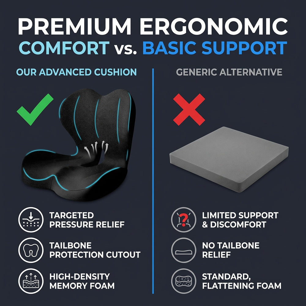 Comparație pernă ergonomică neagră cu pernă de șezut obișnuită