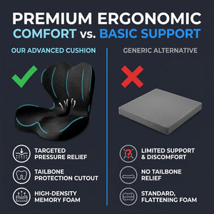 Comparație pernă ergonomică neagră cu pernă de șezut obișnuită