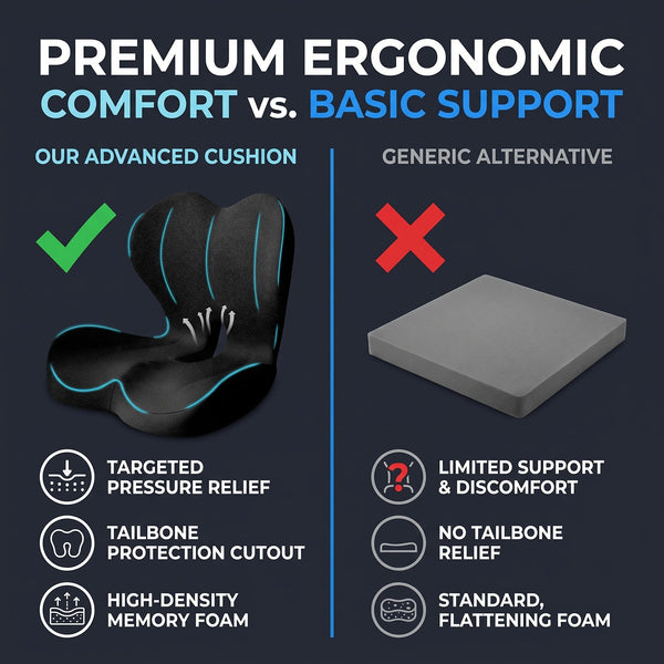 Comparație pernă ergonomică neagră cu pernă de șezut obișnuită