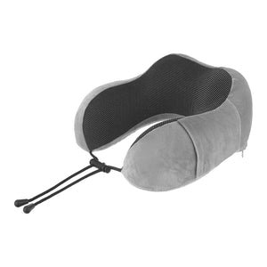 Perna de calatorie cervicala 3D memory foam gri cu negru, cu snururi reglabile