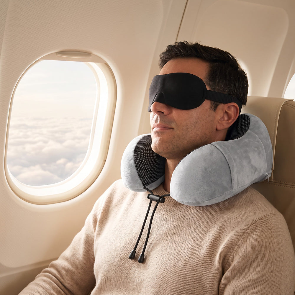 Barbat care doarme in avion cu perna de calatorie 3D si masca de somn