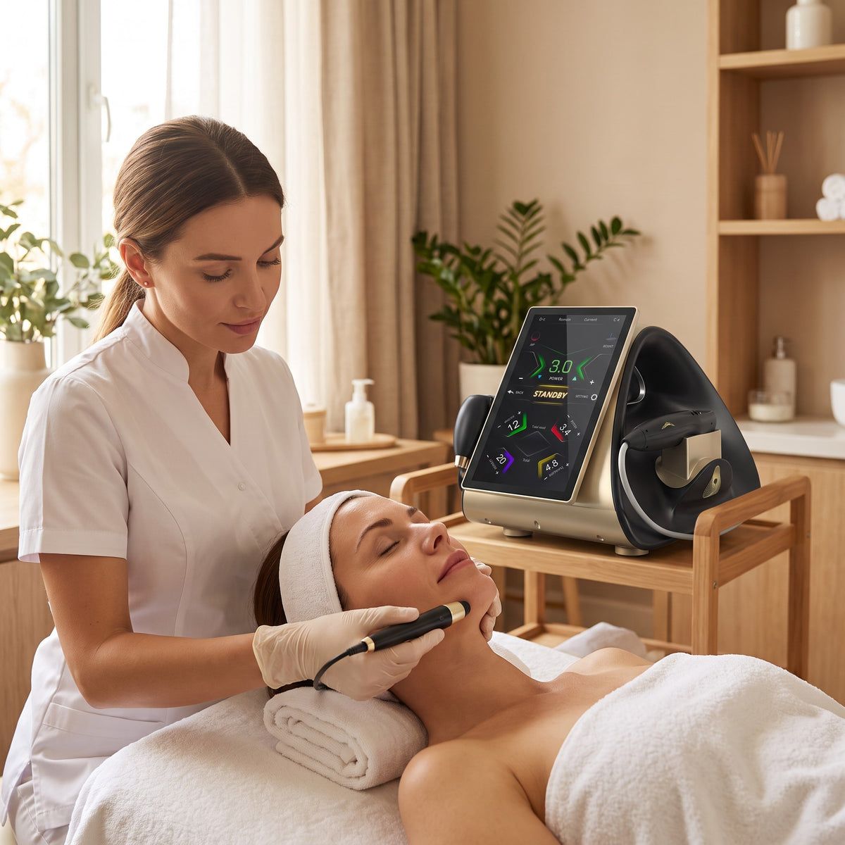 Tratament de lifting facial HIFU în salon cu manipula 13D