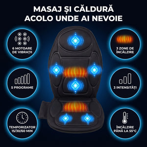 Saltea de masaj cu 6 motoare de vibrații, zone de încălzire, 5 programe și temporizator