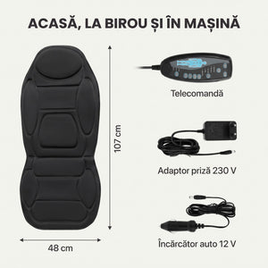 Dimensiuni saltea masaj 107 x 48 cm și accesorii: telecomandă, adaptor 230 V, încărcător auto 12 V
