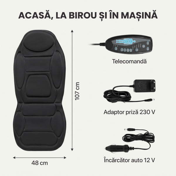 Dimensiuni saltea masaj 107 x 48 cm și accesorii: telecomandă, adaptor 230 V, încărcător auto 12 V
