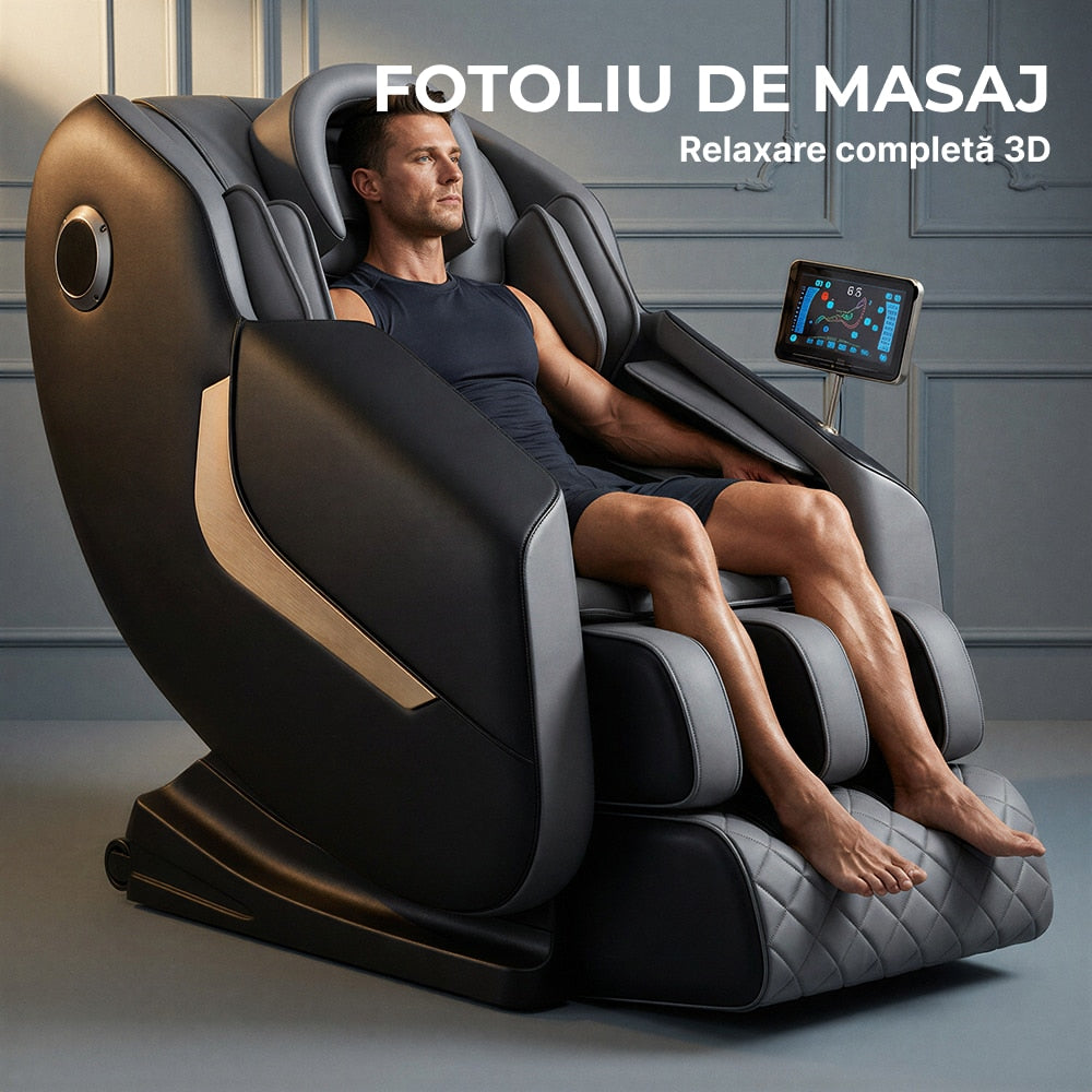 Fotoliu masaj Ultra Pro gri cu comanda vocala AI si ecran tactil
