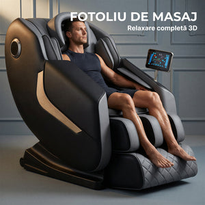 Fotoliu masaj Ultra Pro gri cu comanda vocala AI si ecran tactil