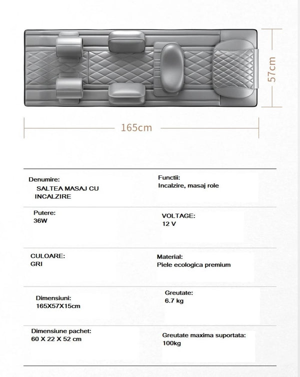 Saltea masaj corp intreg Shiatsu, airbag si incalzire, cervical/spate/lombar/picioare, Gri – imaginea 13
